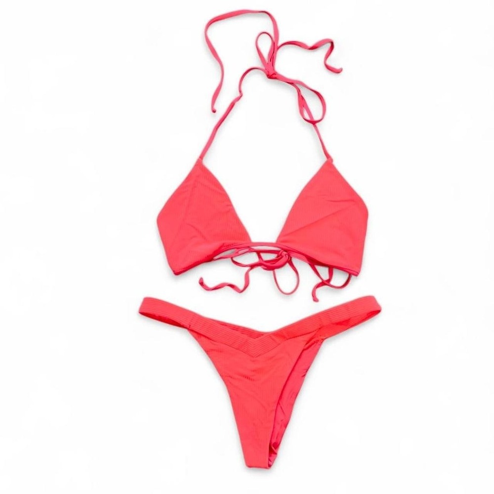 Frankies Bikinis Coral Pink Halter Bikini Set Cheeky Bottoms Sz Large Swimsuit